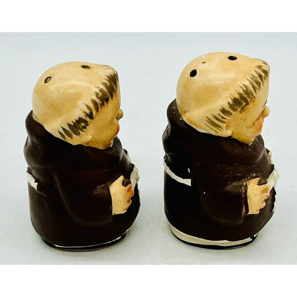 Friar Tuck Salt Pepper Shakers 2.5 inch Ceramic Cork Stoppers Vintage - Picture 2 of 6